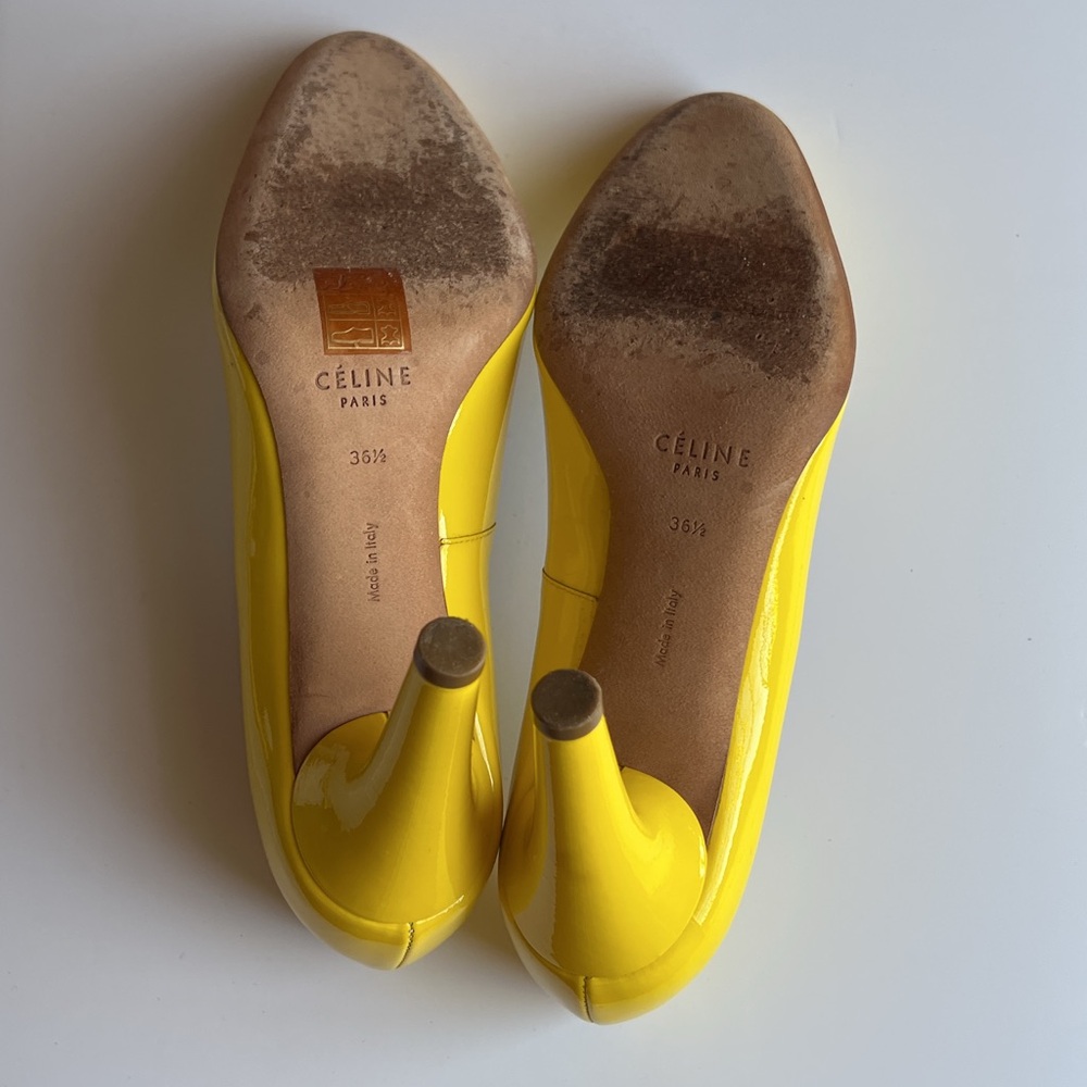 Classic Vintage CELINE Yellow Patent Leather Pumps / Heels Round Toe - Picture 5 of 6